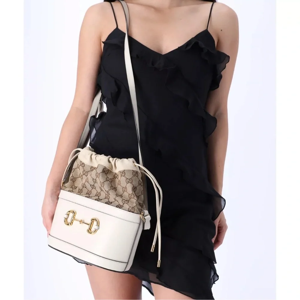 Gucci Horsebit 1955 Bucket Bag GG Canvas Leather Ivory Ebony